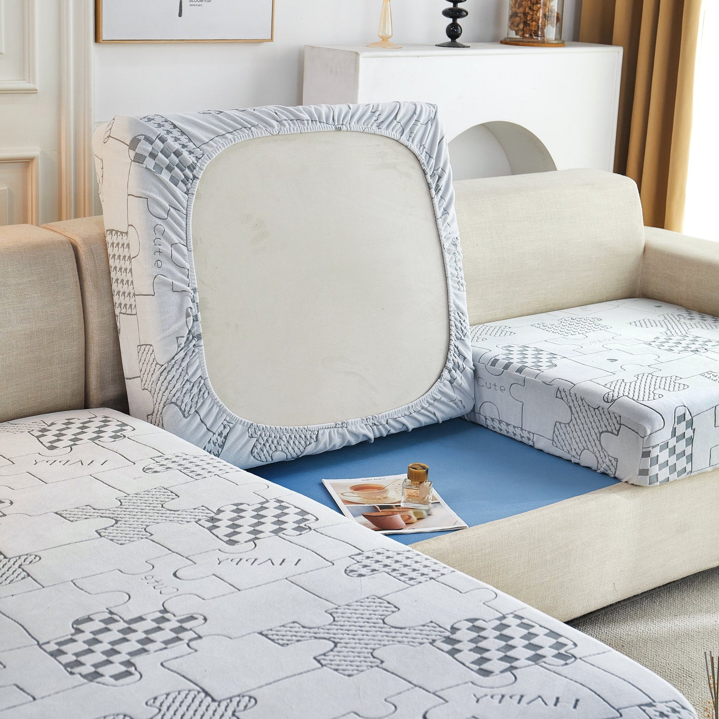 Happy Puzzle Jacquard Fleece Stretchable Cushion Cover, Non-Slip L Shaped Couch Covers for Pets