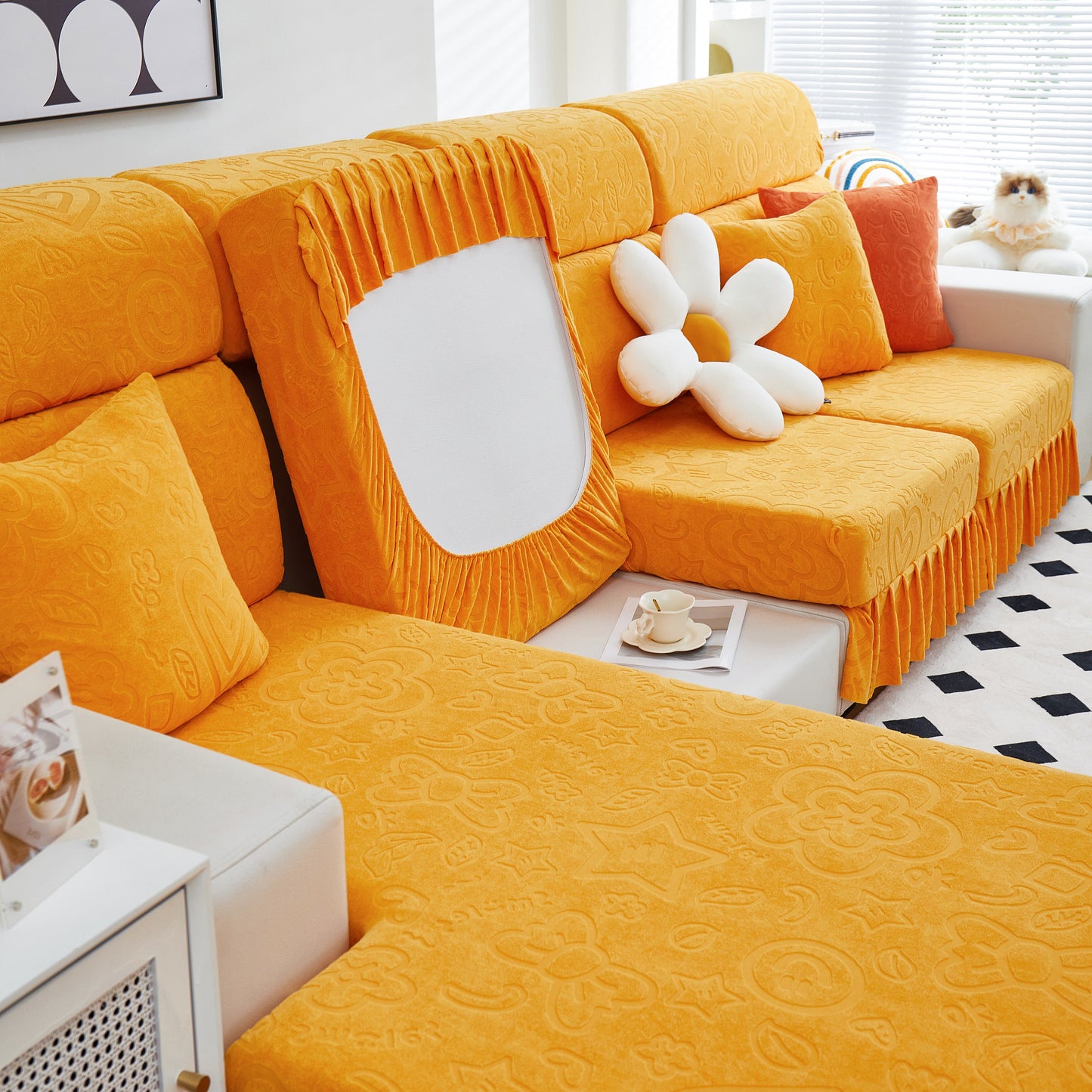 Elastic Skirted Couch Cushion Covers for 1/2/3/4-Seater Sofas, Furniture Protector for Pets, Kids