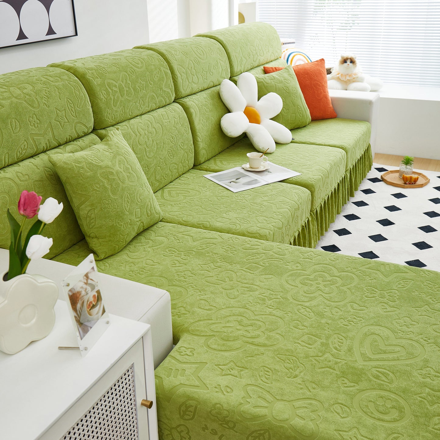 Elastic Skirted Couch Cushion Covers for 1/2/3/4-Seater Sofas, Furniture Protector for Pets, Kids