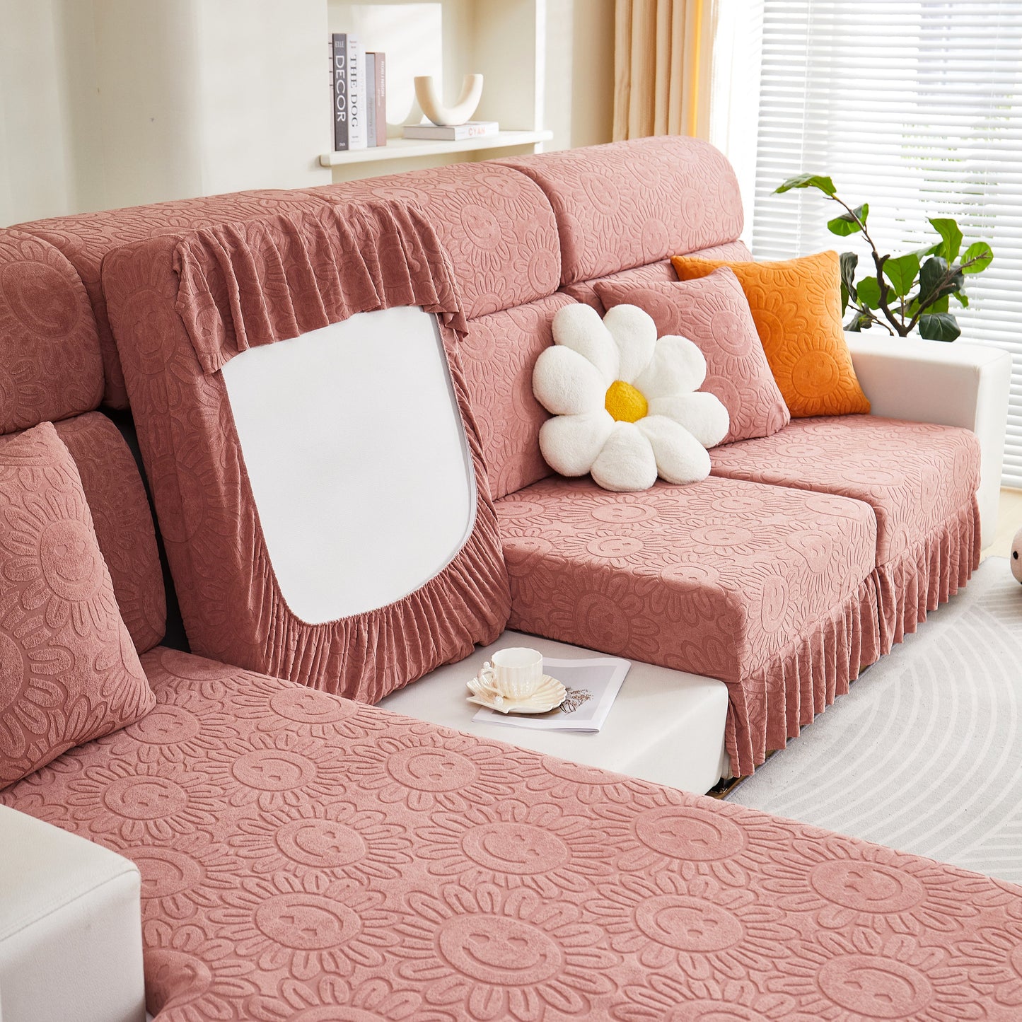 Sofa Seat Cover, Sunflower Patterned Elastic Skirted Couch Cushion Covers for 1/2/3/4-Seater Sofas