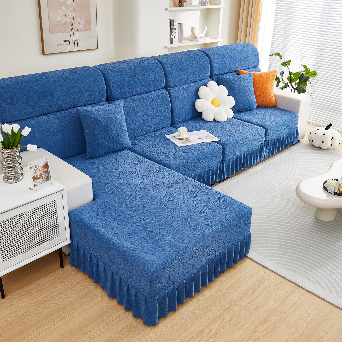 Sofa Seat Cover, Sunflower Patterned Elastic Skirted Couch Cushion Covers for 1/2/3/4-Seater Sofas