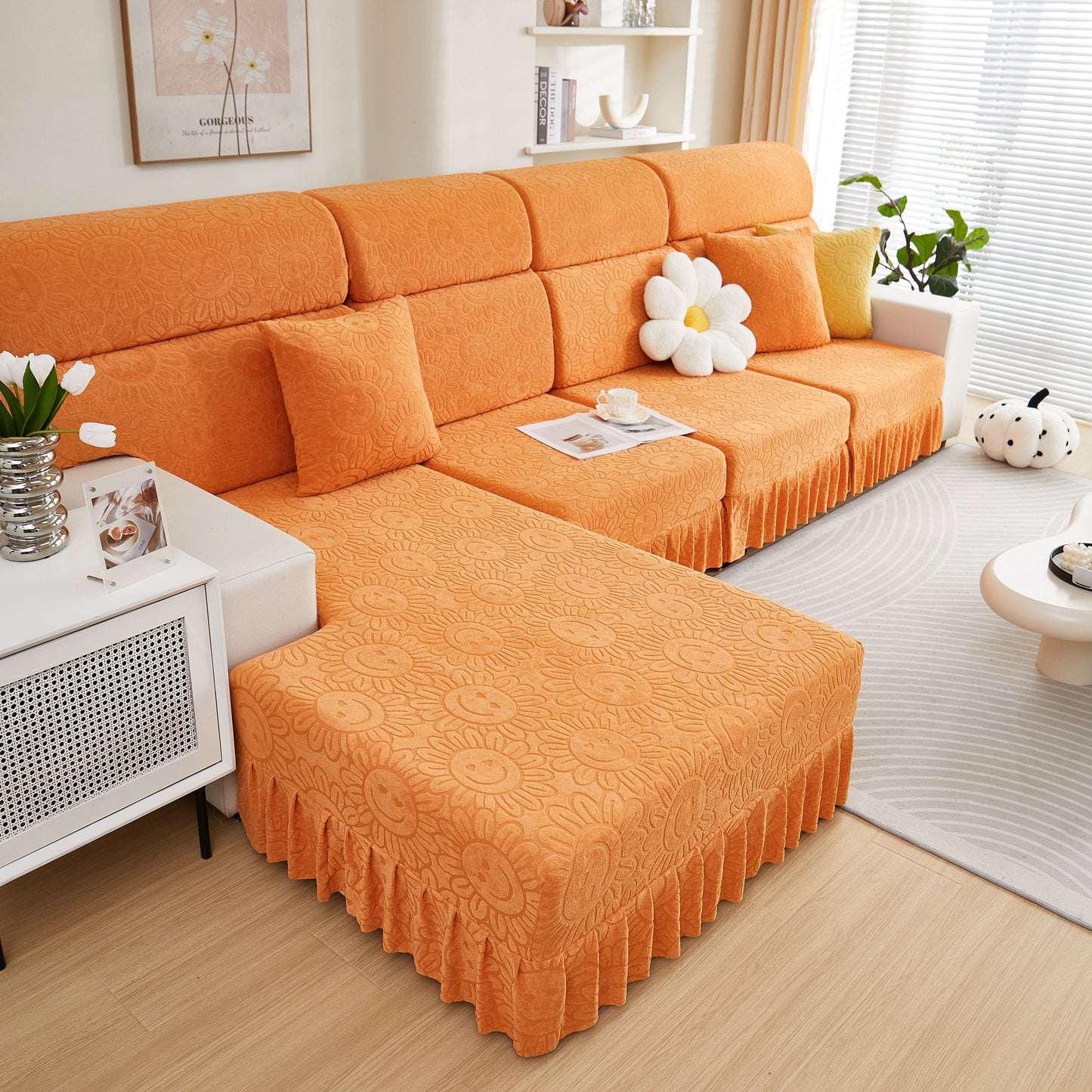 Sofa Seat Cover, Sunflower Patterned Elastic Skirted Couch Cushion Covers for 1/2/3/4-Seater Sofas