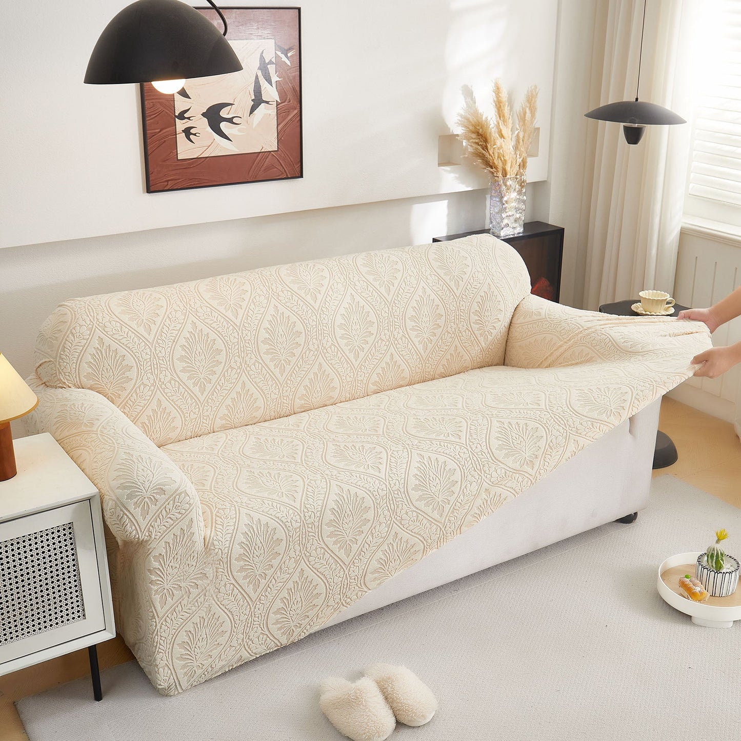 3D Baroque Floral Stretch Sofa Cover Elastic Polar Fleece Couch Slipcover with Straps