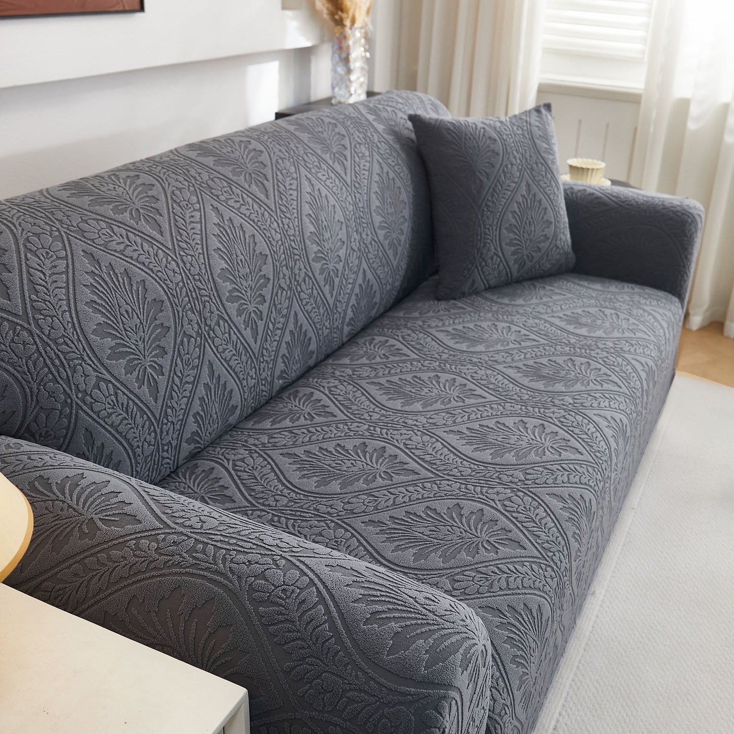 3D Baroque Floral Stretch Sofa Cover Elastic Polar Fleece Couch Slipcover with Straps