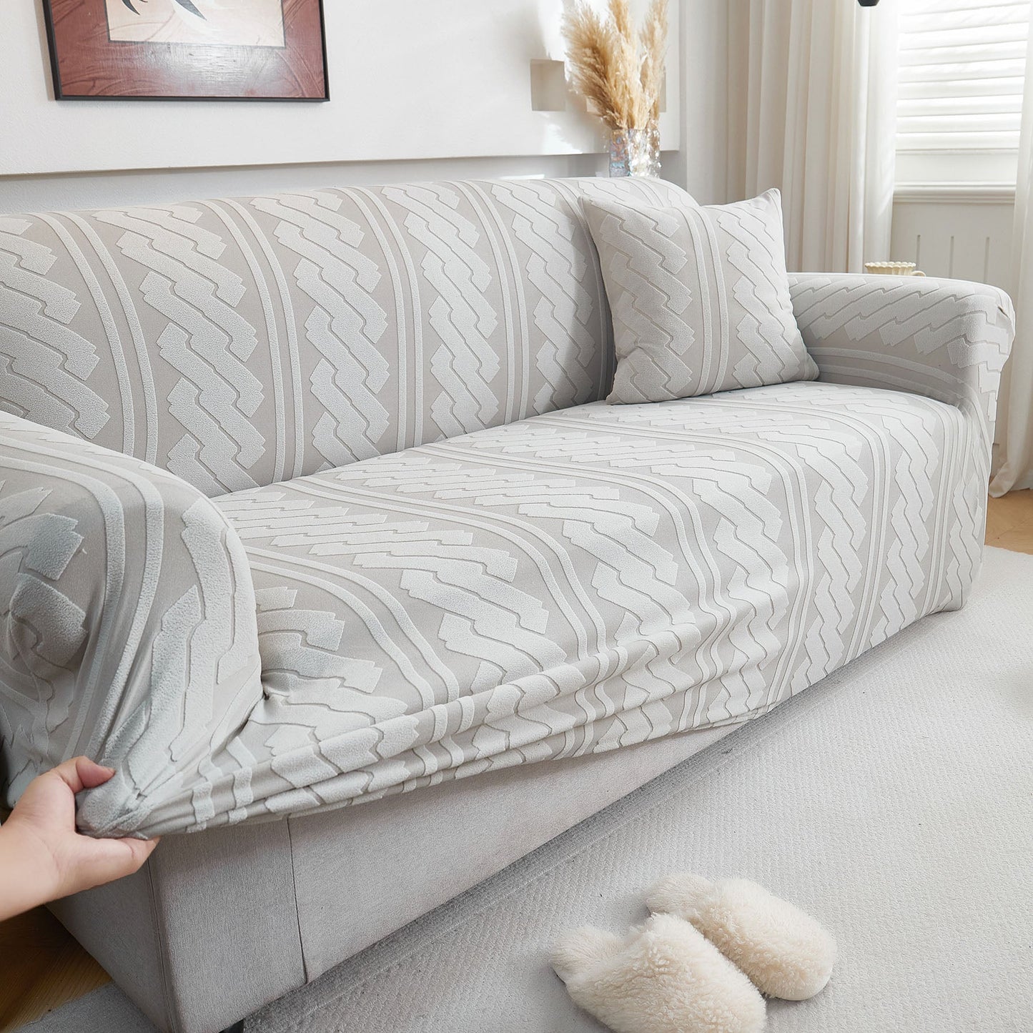 3D Embossed Geometric Couch Slipcover, Stretch Washable Non Slip Furniture Protector