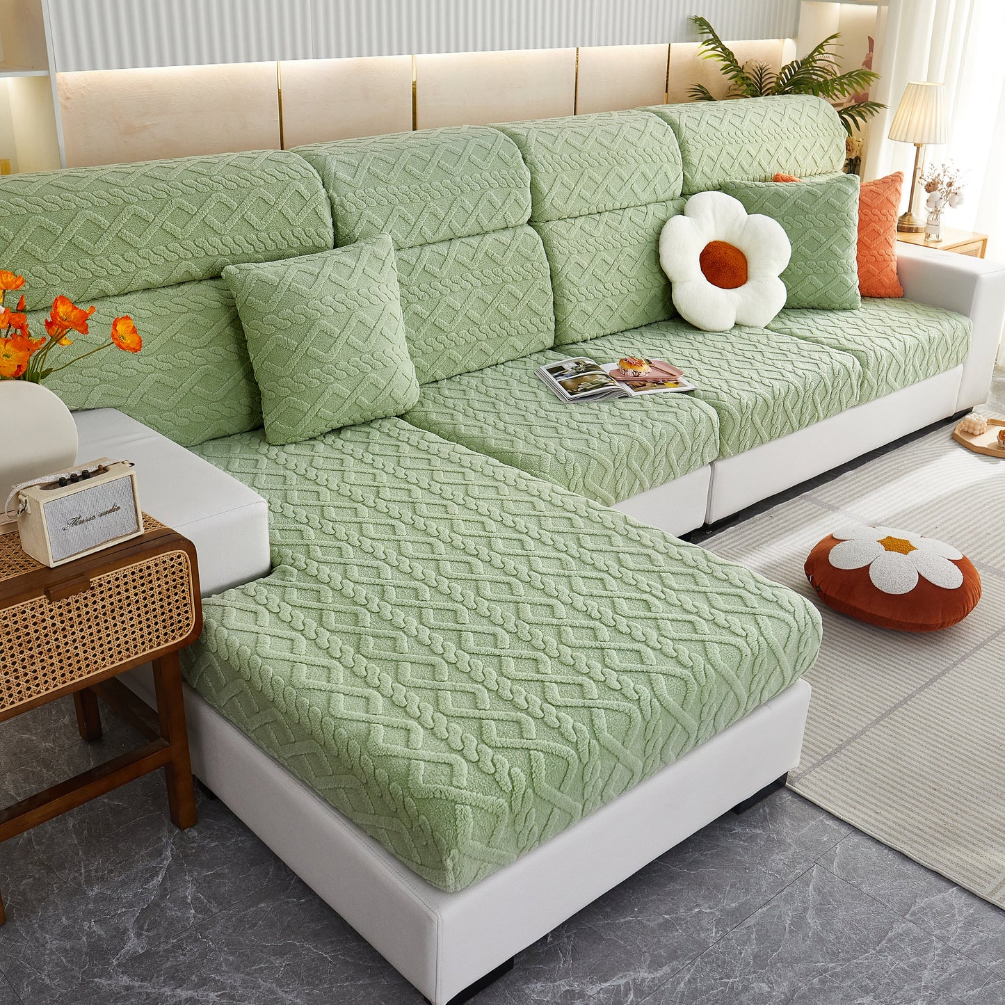 Stretchable Cotton Velvet Non-Slip Furniture Covers Couch Cushion Covers for L-Shaped Sofa, Pets