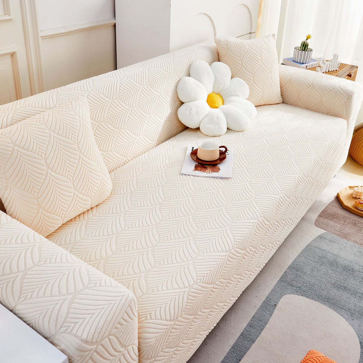 3D Leaves Jacquard Couch Slipcovers Non-Slip Cozy Stretchy Couch Covers for Sectional