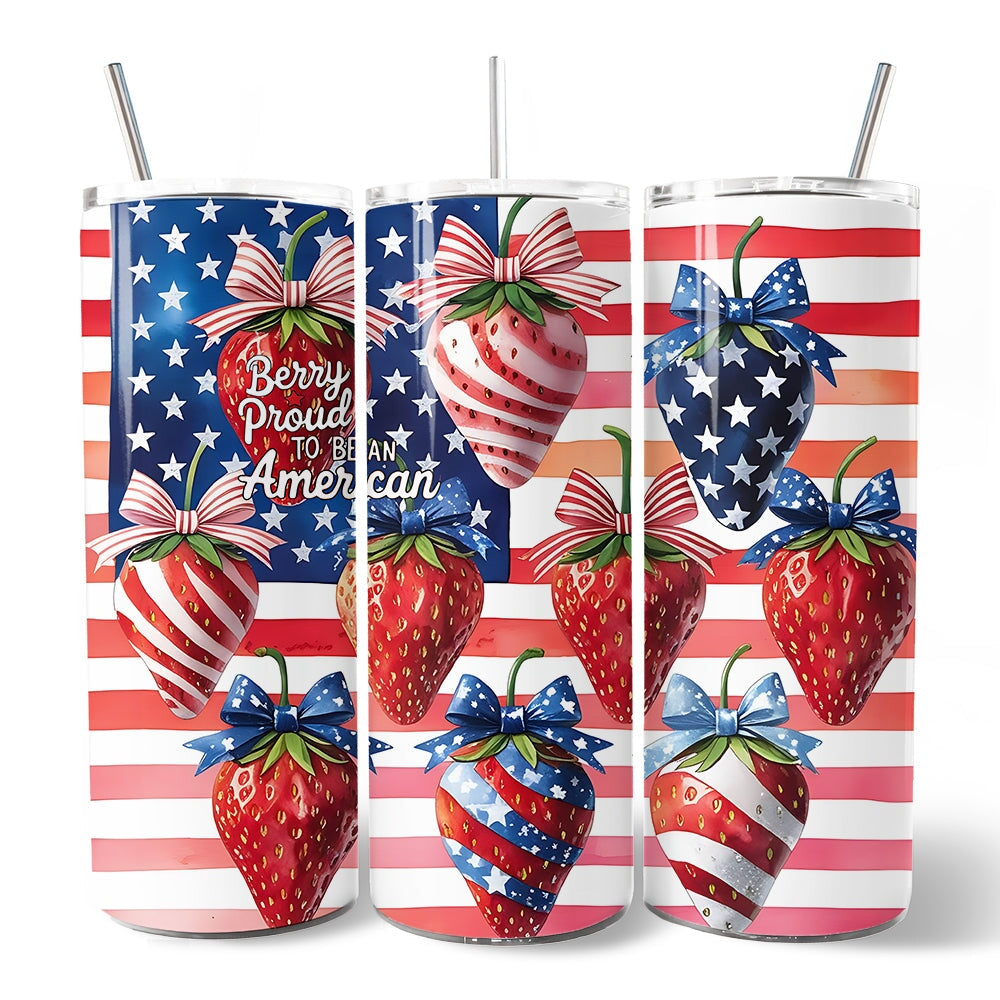 Berry Proud to Be an American 20oz Personalized Tumbler With Lid and Stainless Steel Straw, Patriotic Strawberry 4th of July Gift Cup
