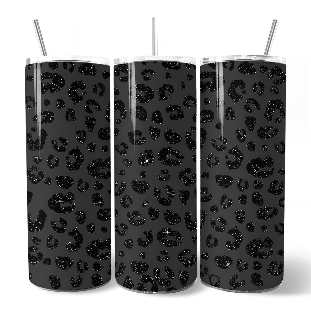 Black Glitter Leopard Print 20oz Personalized Tumbler With Lid and Stainless Steel Straw, Bold Animal Pattern Gift Cup