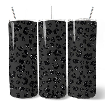 Black Glitter Leopard Print 20oz Personalized Tumbler With Lid and Stainless Steel Straw, Bold Animal Pattern Gift Cup