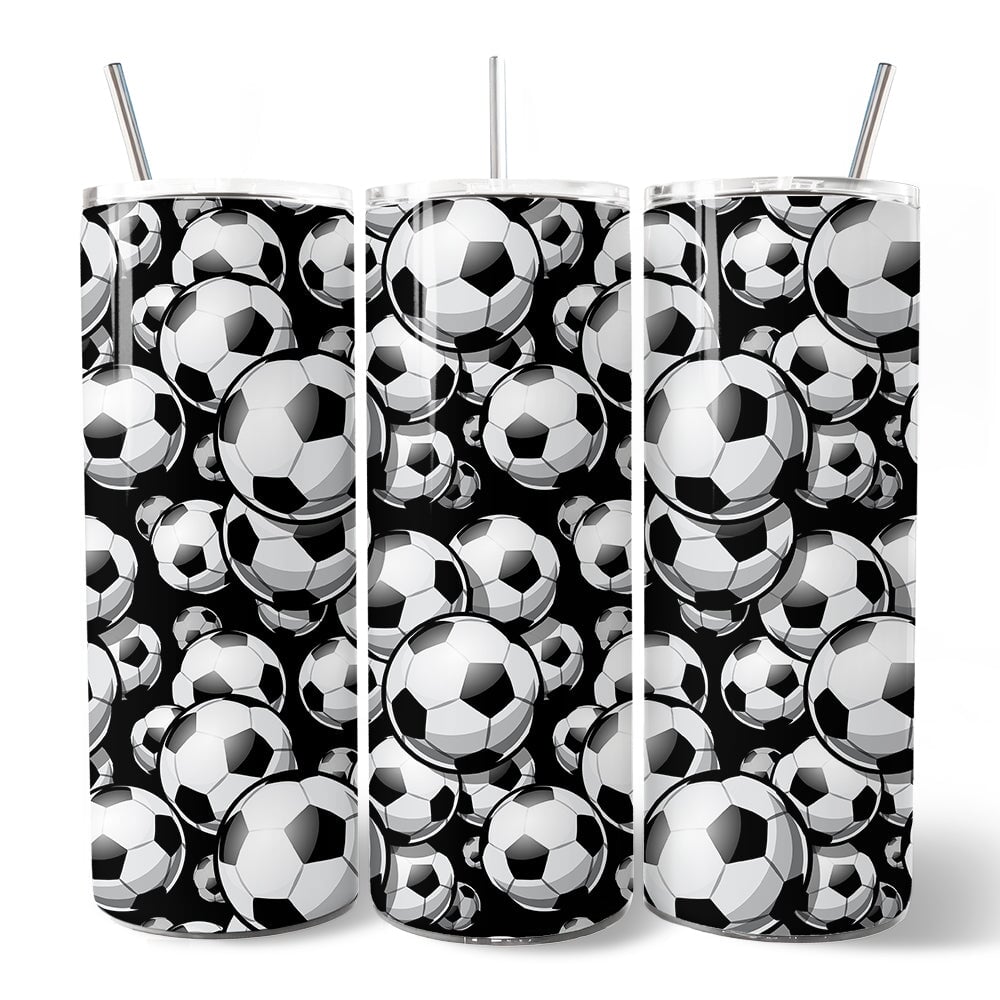 Black and White Soccer Ball 20oz Personalized Tumbler With Lid and Stainless Steel Straw, Football Sports Print Gift Cup