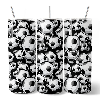 Black and White Soccer Ball 20oz Personalized Tumbler With Lid and Stainless Steel Straw, Football Sports Print Gift Cup