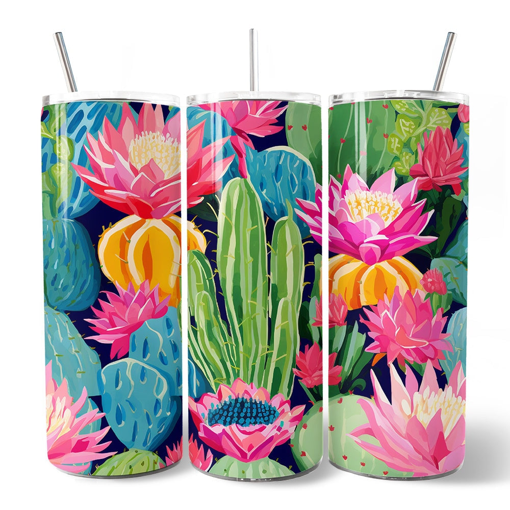 Blooming Desert Cactus Garden 20oz Personalized Tumbler With Lid and Stainless Steel Straw, Colorful Succulent Floral Gift Cup