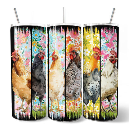 Brushstrokes Chicken Farm 20oz Personalized Tumbler With Lid and Stainless Steel Straw, Colorful Floral Farmlife Gift Cup