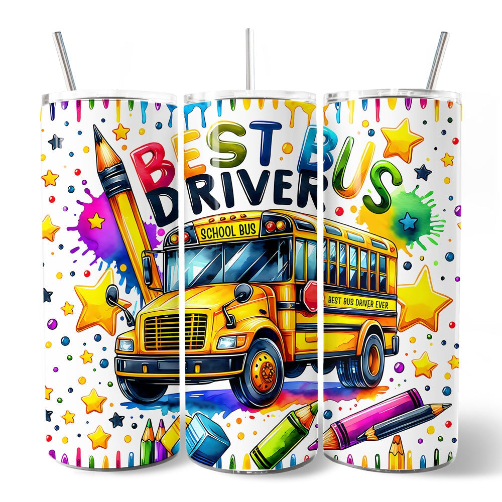 Colorful Best Bus Driver 20oz Personalized Tumbler With Lid and Stainless Steel Straw, School Staff Appreciation Gift Cup