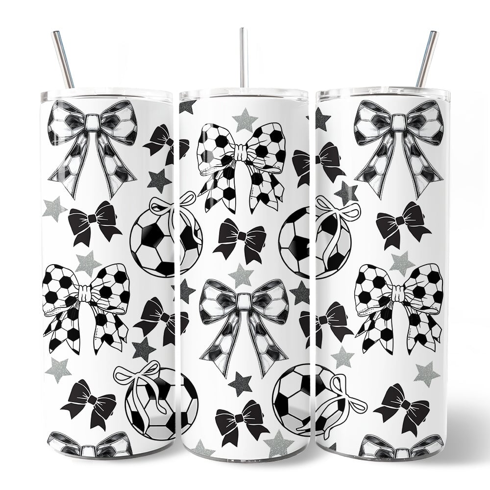 Coquette Black and White Soccer Bow 20oz Personalized Tumbler With Lid and Stainless Steel Straw, Sporty Girls Pattern Gift Cup