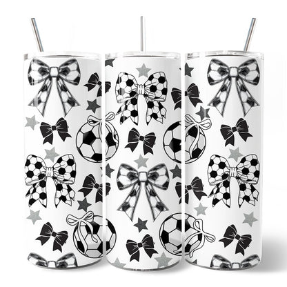 Coquette Black and White Soccer Bow 20oz Personalized Tumbler With Lid and Stainless Steel Straw, Sporty Girls Pattern Gift Cup