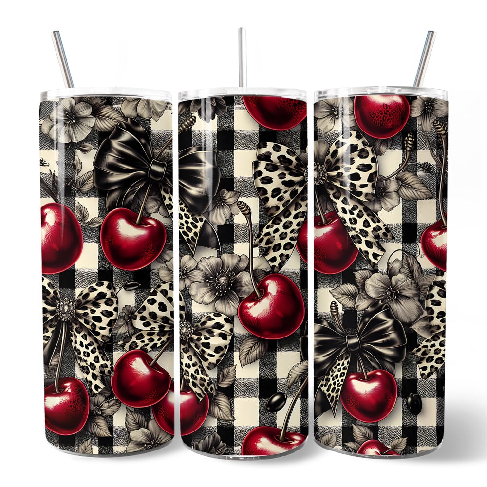 Coquette Cherries And Bows 20oz Personalized Tumbler With Lid and Stainless Steel Straw, Vintage Girly Buffalo Plaid Gift Cup