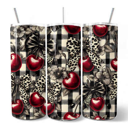 Coquette Cherries And Bows 20oz Personalized Tumbler With Lid and Stainless Steel Straw, Vintage Girly Buffalo Plaid Gift Cup
