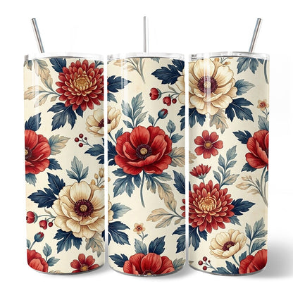 Elegant Red and Cream Flowers 20oz Personalized Tumbler With Lid and Stainless Steel Straw, Classic Floral Pattern Gift Cup