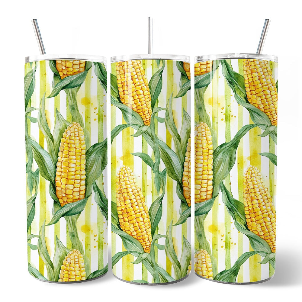 Farm Fresh Corn Pattern 20oz Personalized Tumbler With Lid and Stainless Steel Straw, Rustic Country Harvest Gift Cup