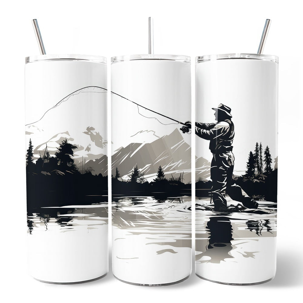 Fly Fishing Mountain Lake Scene 20oz Personalized Tumbler With Lid and Stainless Steel Straw, Angler Outdoor Adventure Gift Cup
