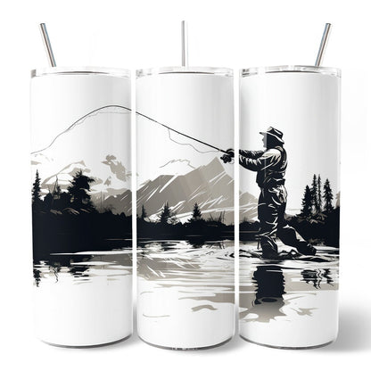 Fly Fishing Mountain Lake Scene 20oz Personalized Tumbler With Lid and Stainless Steel Straw, Angler Outdoor Adventure Gift Cup