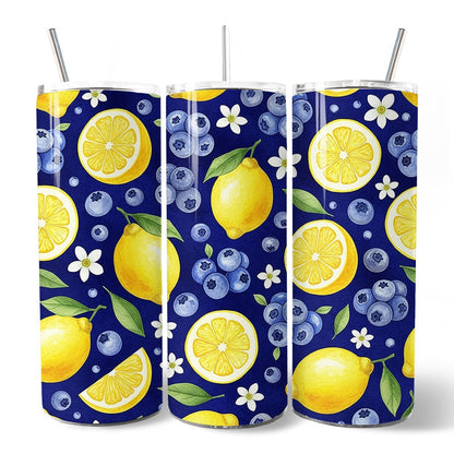 Fresh Lemon and Blueberry Pattern 20oz Personalized Tumbler With Lid and Stainless Steel Straw, Summer Citrus Fruit Gift Cup