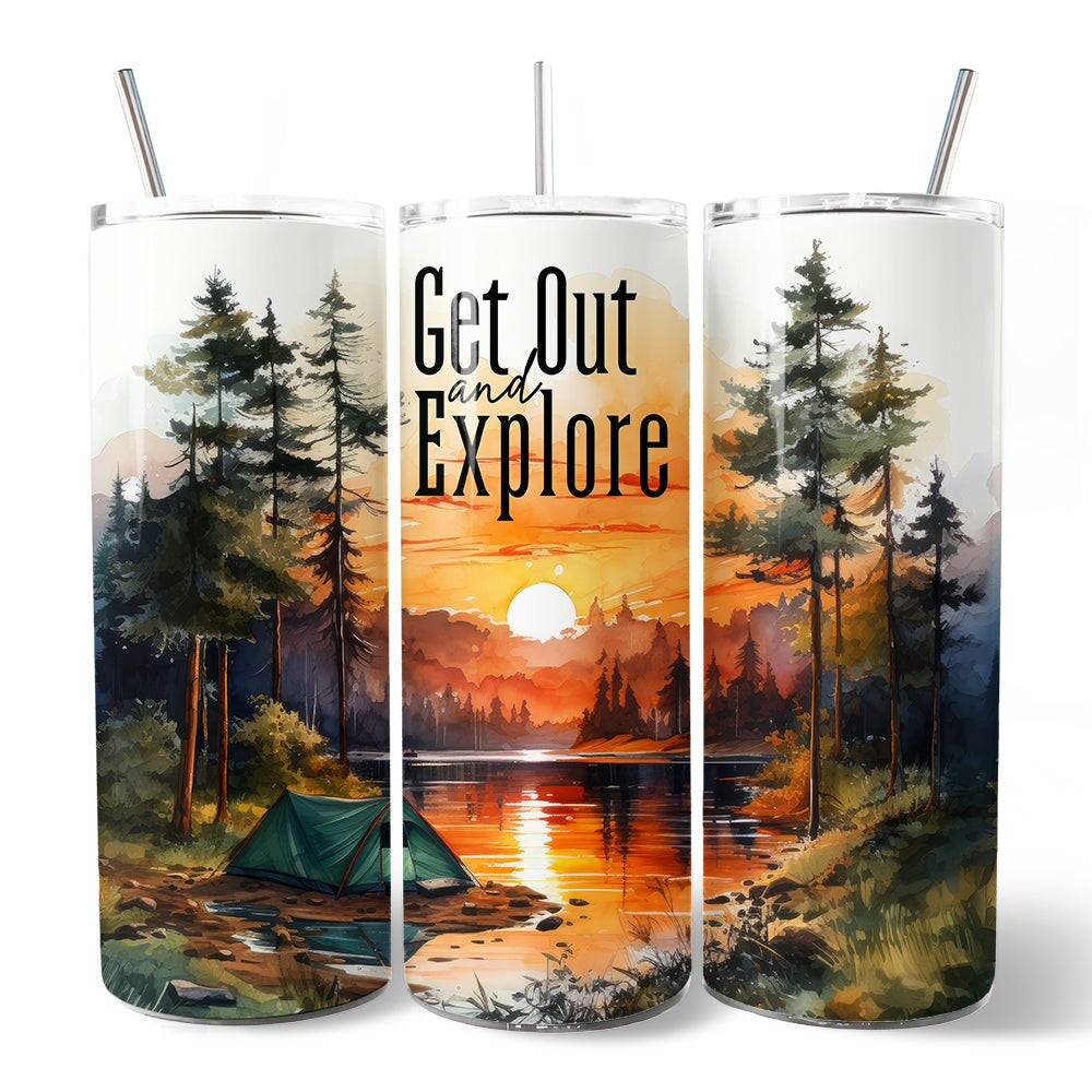 Get Out and Explore 20oz Personalized Tumbler With Lid and Stainless Steel Straw, Forest Camping Adventure Gift Cup