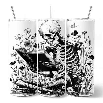 Gothic Reading Skeleton 20oz Personalized Tumbler With Lid and Stainless Steel Straw, Floral Spooky Bookworms Gift Cup
