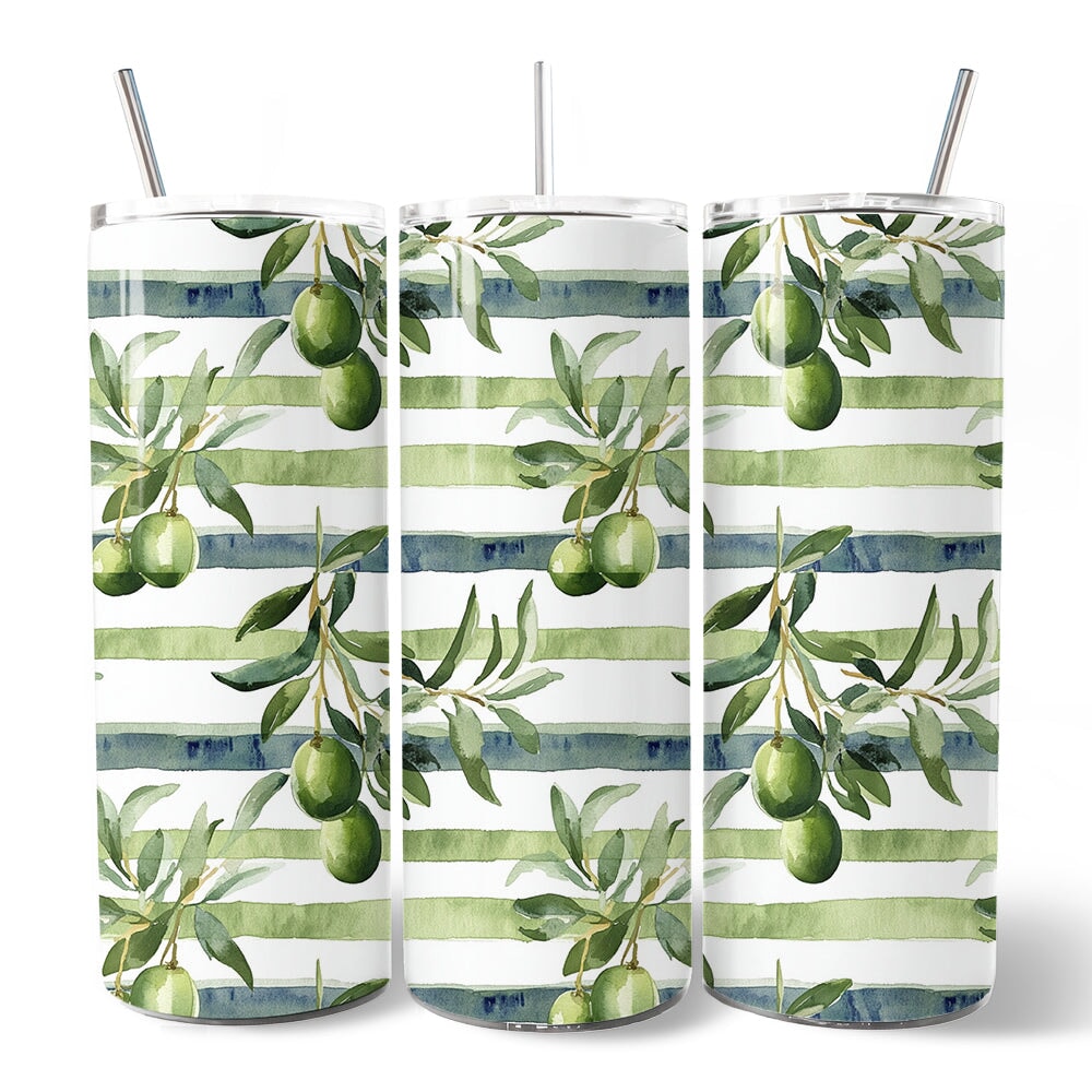 Green Olive Branch Print 20oz Personalized Tumbler With Lid and Stainless Steel Straw, Fresh Botanical Gift Cup