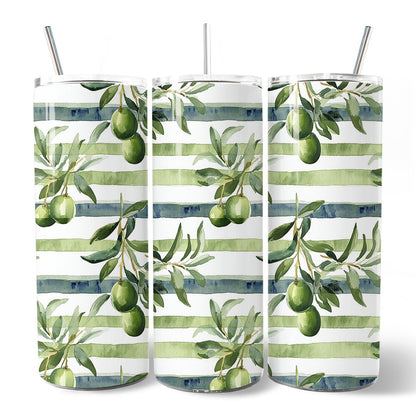 Green Olive Branch Print 20oz Personalized Tumbler With Lid and Stainless Steel Straw, Fresh Botanical Gift Cup