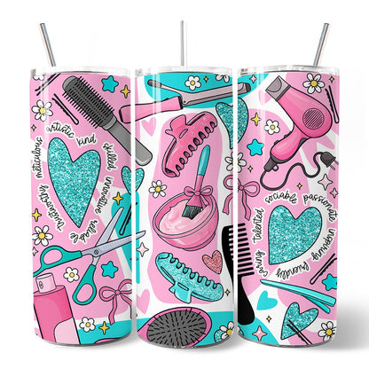 Hair Stylist Beauty Tools Pattern 20oz Personalized Tumbler With Lid and Stainless Steel Straw, Salon Cosmetology Gift Cup