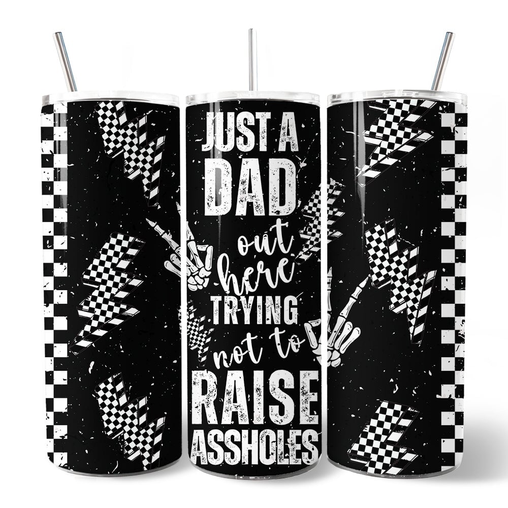 Just A Dad Checkered Lightning 20oz Personalized Tumbler With Lid and Stainless Steel Straw, Sarcastic Father's Day Humor Gift Cup