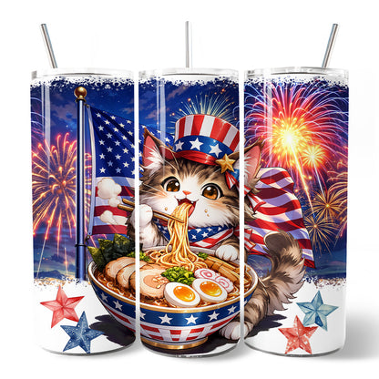 Kawaii Patriotic Ramen Maine Coon Cat 20oz Personalized Tumbler With Lid and Stainless Steel Straw, Japanese Anime Gift Cup