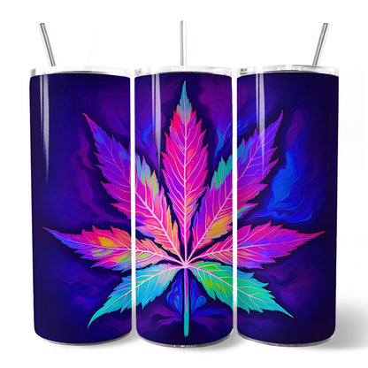 Neon Cannabis Leaf 20oz Personalized Tumbler With Lid and Stainless Steel Straw, Psychedelic Weed Aesthetic Gift Cup