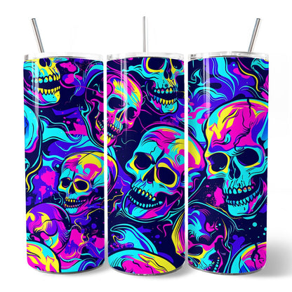 Neon Skull Chaos 20oz Personalized Tumbler With Lid and Stainless Steel Straw, Psychedelic Horror Halloween Gift Cup