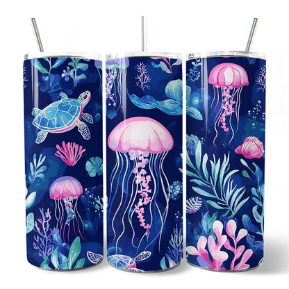 Ocean Jellyfish and Sea Turtle 20oz Personalized Tumbler With Lid and Stainless Steel Straw, Underwater Coral Reef Gift Cup