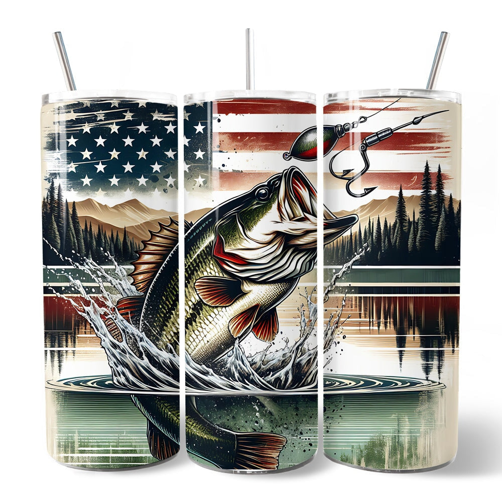 Patriotic Bass Fishing 20oz Personalized Tumbler With Lid and Stainless Steel Straw, Retro Angler Gift Cup