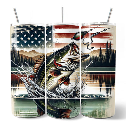 Patriotic Bass Fishing 20oz Personalized Tumbler With Lid and Stainless Steel Straw, Retro Angler Gift Cup