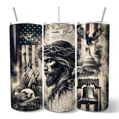 Patriotic Christian 20oz Personalized Tumbler With Lid and Stainless Steel Straw, One Nation Under God Gift Cup