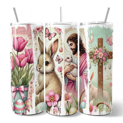 Pink Jesus and Bunny 20oz Personalized Tumbler With Lid and Stainless Steel Straw, Easter Brushstrokes Spring Gift Cup