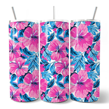 Pink and Blue Hibiscus Flowers 20oz Personalized Tumbler With Lid and Stainless Steel Straw, Vibrant Summer Floral Gift Cup