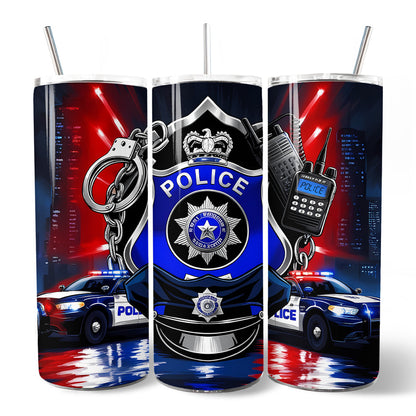 Police Badge and Patrol Car 20oz Personalized Tumbler With Lid and Stainless Steel Straw, Law Enforcement Appreciation Gift Cup