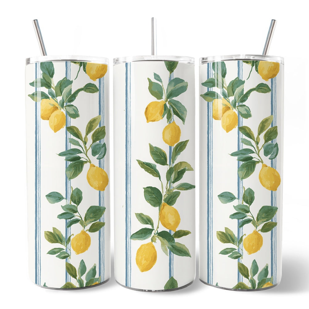 Refreshing Lemon Branches 20oz Personalized Tumbler With Lid and Stainless Steel Straw, Summer Citrus Pattern Gift Cup