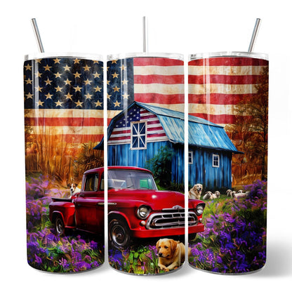 Rustic Old Red Truck and Country Barn 20oz Personalized Tumbler With Lid and Stainless Steel Straw, American Homeland Gift Cup