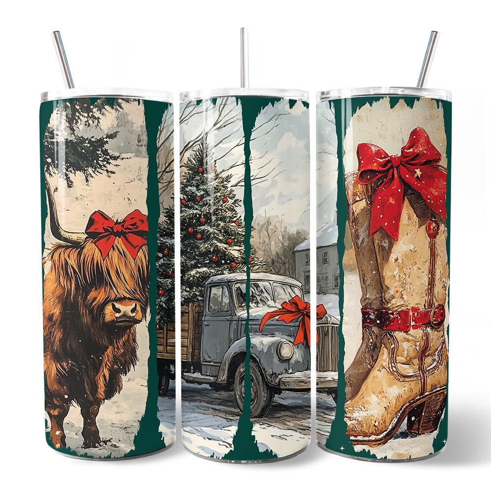 Small Town Christmas 20oz Personalized Tumbler With Lid and Stainless Steel Straw, Highland Cow Rustic Western Cowgirl Gift Cup