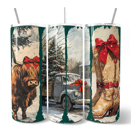 Small Town Christmas 20oz Personalized Tumbler With Lid and Stainless Steel Straw, Highland Cow Rustic Western Cowgirl Gift Cup