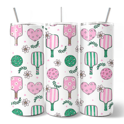 Sporty Coquette Pink Retro Pickleball 20oz Personalized Tumbler With Lid and Stainless Steel Straw, Valentine Travel Mug Gift