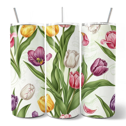 Spring Tulip Garden 20oz Personalized Tumbler With Lid and Stainless Steel Straw, Colorful Floral Bouquet Gift Cup